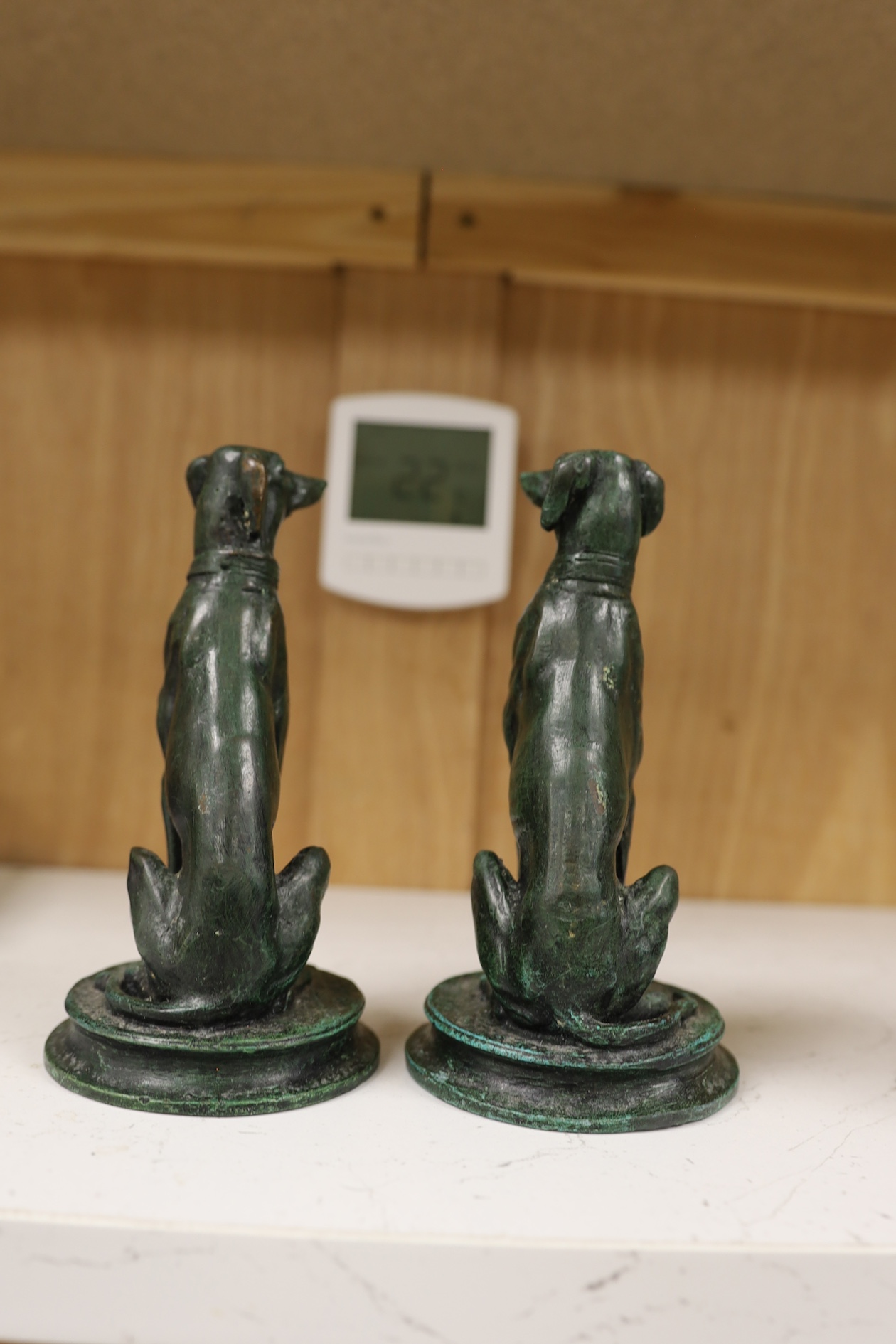 A pair of bronze seated whippets, 16.5cm high. Condition - fair